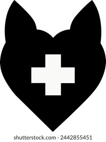 Heart with pet ear and a cross in the center symbolizing love and care for pets. Illustration for veterinary services.