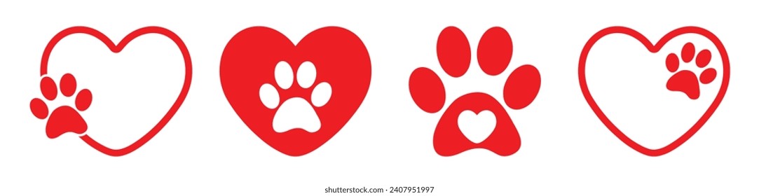 Juego de iconos de gatos de perro para la impresión del corazón y de la pezuña para mascotas, huella de la pata del símbolo de amor animal con corazón, ilustración del vector