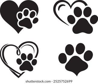 Heart and pet paw vector icon set