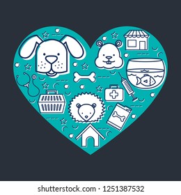 heart with pets shop set icons