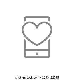Heart with phone, feedback line icon. Love message in mobile, social network likes symbol