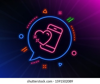 Heart with phone line icon. Neon laser lights. Love emotion sign. Valentine day symbol. Glow laser speech bubble. Neon lights chat bubble. Banner badge with heart icon. Vector