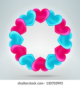 Heart photo border frame  in round circle shape, made of pink and blue eps10 vector elements