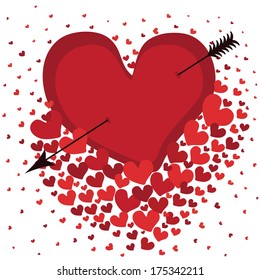 Heart pierced with an arrow . Against the background of flying hearts. White background .Vector illustration