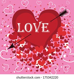 Heart pierced with an arrow. Against the background of flying hearts. Pink background .At the heart of the word love.Vector illustration