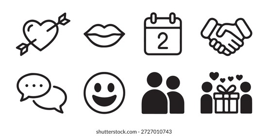 Heart pierced with arrow lips date number handshake chat bubble smiling face people group gift box