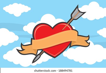 Heart pierced with an arrow and wrapped with ribbon.