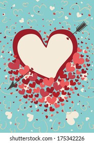 Heart pierced with an arrow.Against the background of flying hearts. Pink background .Vector illustration