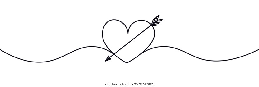 Heart pierced by an arrow. Continuous line love and arrows. Vector illustration.