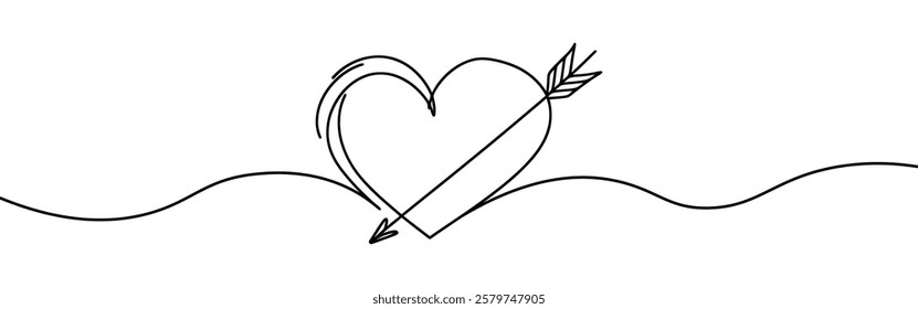 Heart pierced by an arrow. Continuous line love and arrows. Vector illustration.