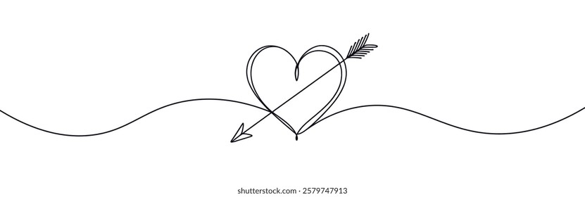 Heart pierced by an arrow. Continuous line love and arrows. Vector illustration.