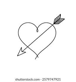 Heart pierced by an arrow. Continuous line love and arrows. Vector illustration.