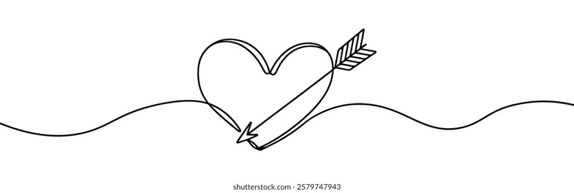 Heart pierced by an arrow. Continuous line love and arrows. Vector illustration.