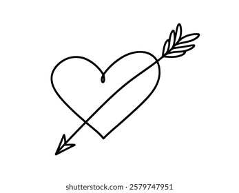 Heart pierced by an arrow. Continuous line love and arrows. Vector illustration.