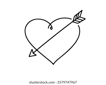 Heart pierced by an arrow. Continuous line love and arrows. Vector illustration.