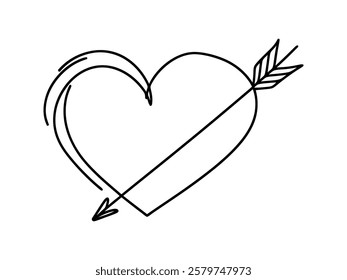 Heart pierced by an arrow. Continuous line love and arrows. Vector illustration.