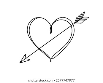 Heart pierced by an arrow. Continuous line love and arrows. Vector illustration.