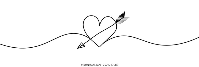 Heart pierced by an arrow. Continuous line love and arrows. Vector illustration.