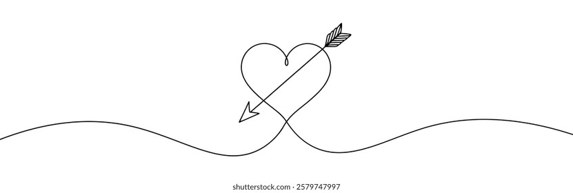 Heart pierced by an arrow. Continuous line love and arrows. Vector illustration.