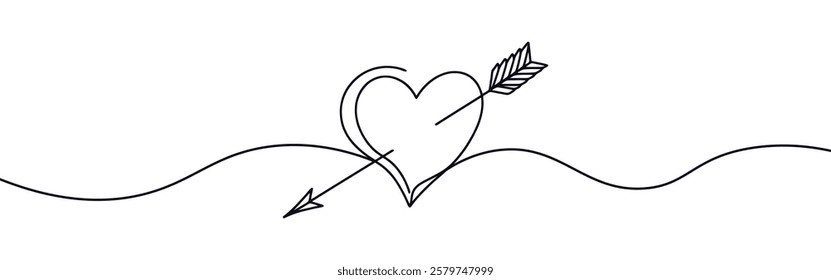 Heart pierced by an arrow. Continuous line love and arrows. Vector illustration.