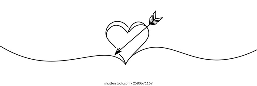 Heart pierced by an arrow. Continuous line love and arrows. Vector illustration.