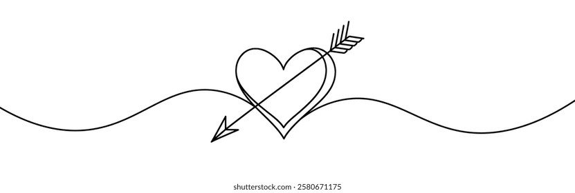 Heart pierced by an arrow. Continuous line love and arrows. Vector illustration.