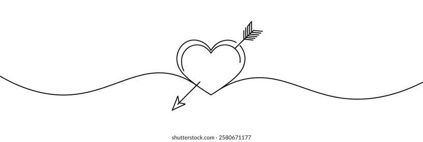 Heart pierced by an arrow. Continuous line love and arrows. Vector illustration.