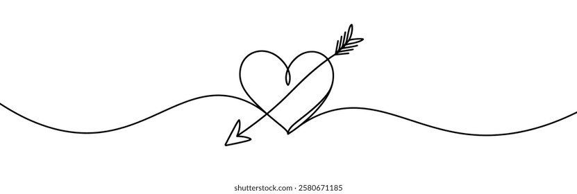 Heart pierced by an arrow. Continuous line love and arrows. Vector illustration.