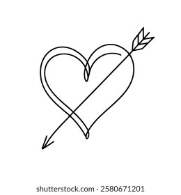 Heart pierced by an arrow. Continuous line love and arrows. Vector illustration.