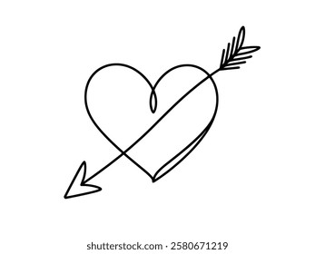 Heart pierced by an arrow. Continuous line love and arrows. Vector illustration.