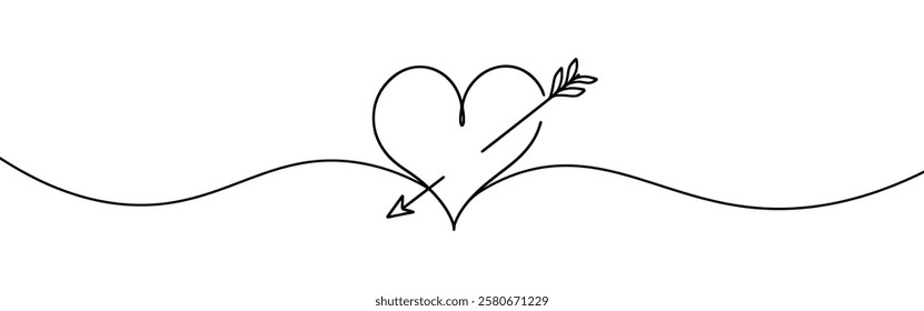 Heart pierced by an arrow. Continuous line love and arrows. Vector illustration.