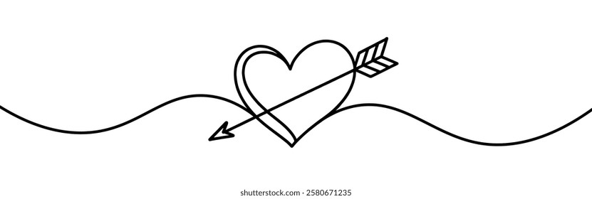 Heart pierced by an arrow. Continuous line love and arrows. Vector illustration.