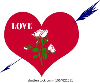 Heart pierced by an arrow, and decorated with a white rose, collage for Valentine's day, silhouette on a white background, vector