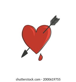 Heart pierced by arrow with drop of blood