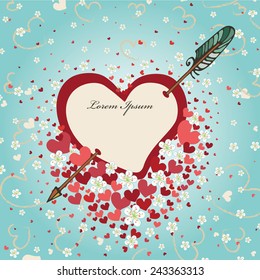 Heart pierced by an arrow. Flying hearts and cherry flowers. Spring,summer background,design template,sticker,poster,banner,wedding invitation,Valentine card.Vintage.Love Vector illustration