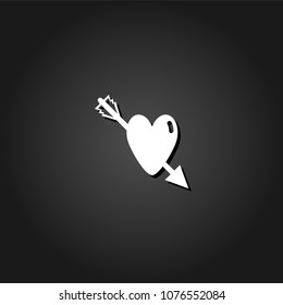 Heart pierced by an arrow icon flat. Simple White pictogram on black background with shadow. Vector illustration symbol