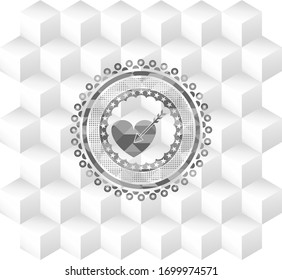 heart pierced by arrow icon inside grey emblem. Retro with geometric cube white background
