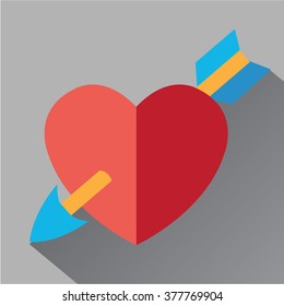 Heart pierced by an arrow icon flat. Modern colored icons in a flat design with long shadow.