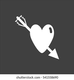 Heart pierced by an arrow icon flat. Vector white illustration isolated on black background. Flat symbol