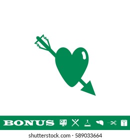 Heart pierced by an arrow icon flat. Green pictogram on white background. Vector illustration symbol and bonus button