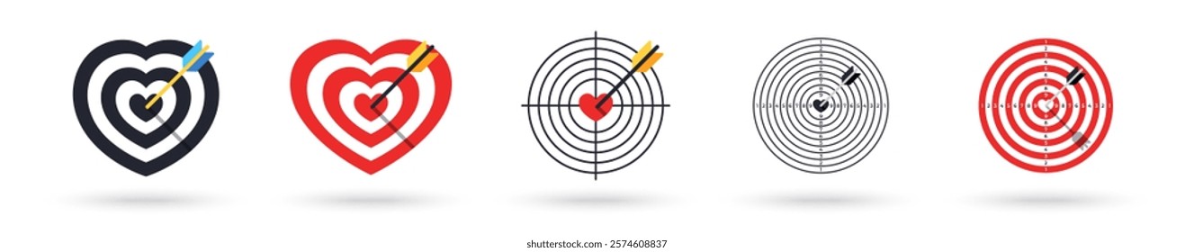 Heart pierced by an arrow. Target. Vector eps 10 illustration. Red color heart icon. Isolated on white background. Romantic. Love backdrop. 14 February Valentine's Day. I love you.