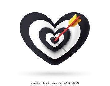 Heart pierced by an arrow. Target. Vector eps 10 illustration. Black and white color heart icon. Isolated on white background. Romantic. Love backdrop. 14 February Valentine's Day. I love you.