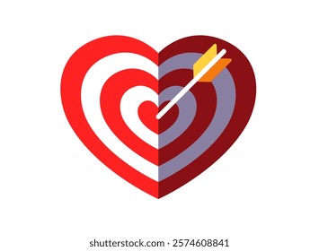 Heart pierced by an arrow. Target. Vector eps 10 illustration. Red color heart icon. Isolated on white background. Romantic. Love backdrop. 14 February Valentine's Day. I love you. Flat style.