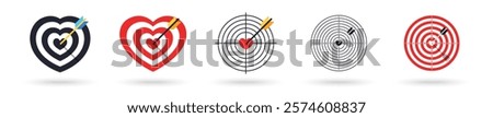 Heart pierced by an arrow. Target. Vector eps 10 illustration. Red color heart icon. Isolated on white background. Romantic. Love backdrop. 14 February Valentine's Day. I love you.