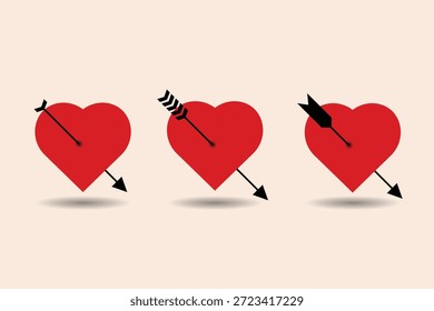 Corazón perforado por iconos de vector de flecha que simbolizan el amor y el romance. Perfecto para temas de San Valentín, diseños de citas y conceptos visuales emocionales.