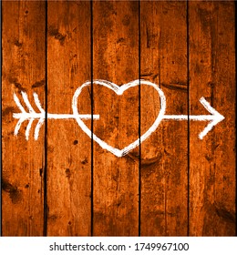 Heart pierced by an arrow. White love symbol are created with a paint brush stroke on a brown wooden board with realistic texture and natural structure. Graphic element saved as a vector illustration