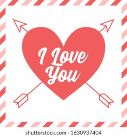 heart pierced by arrows with frame. pink card. vector illustration