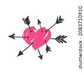  Heart pierced by arrows on a white isolated background. Symbol of Valentine Day. Elements of romance. Sticker, Badge patch, Postcard for Marriage, Wedding.