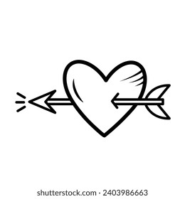 Heart pierced with cupid's arrow vector illustration icon with black outline isolated on white square background. Simple flat minimalist art styled drawing with valentine and love theme.