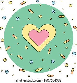 Heart with pills and capsules in a circle